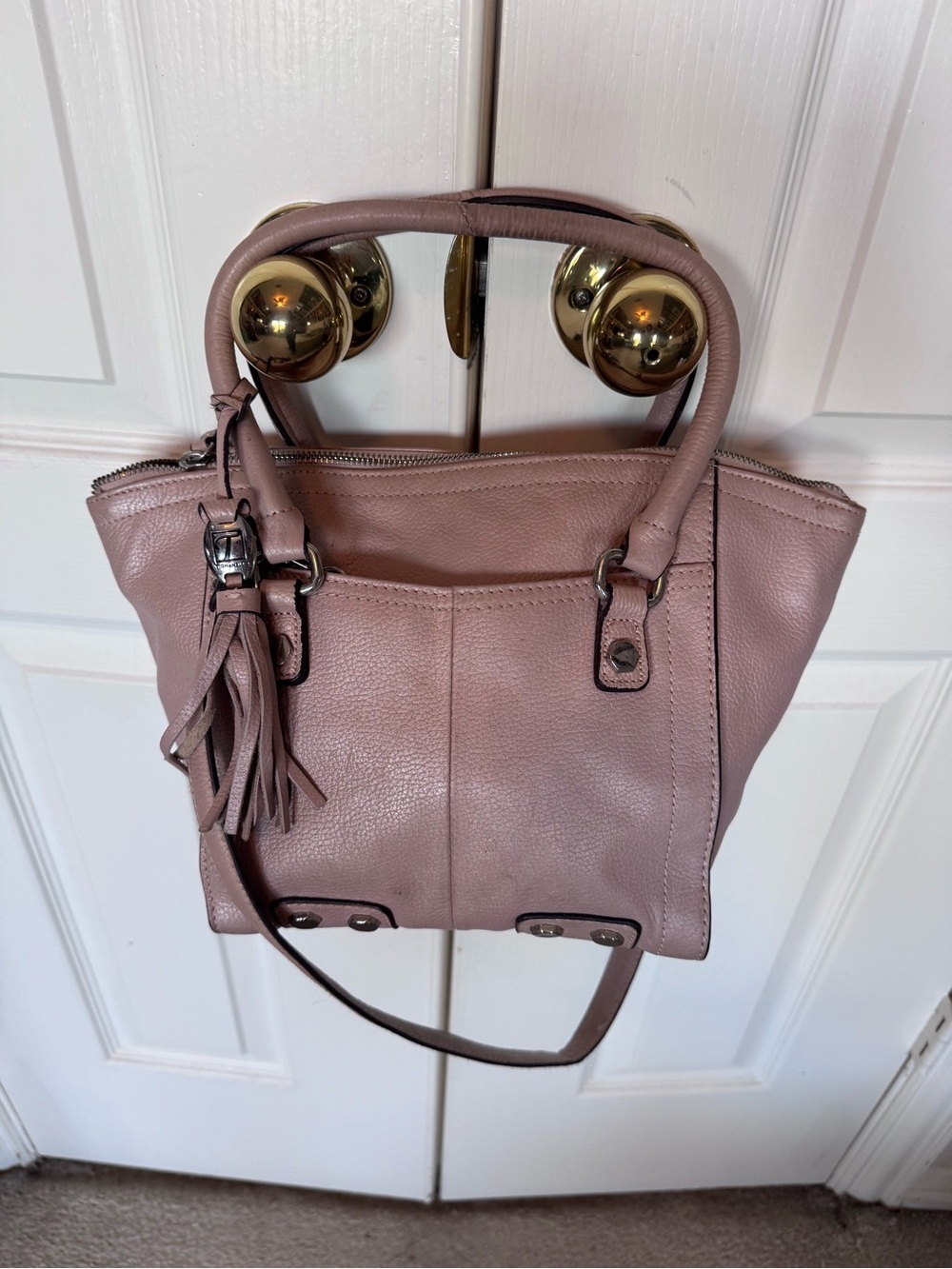 Blush Pink Leather Shoulder Bag with Tassel Accent